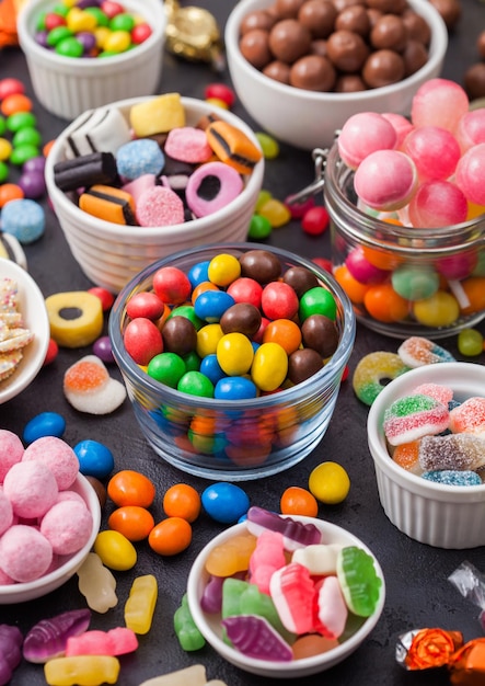 Varietà di caramelle e caramelle gommose al cioccolato al latte e gelatina di zucchero su nero i migliori snack per feste per bambini