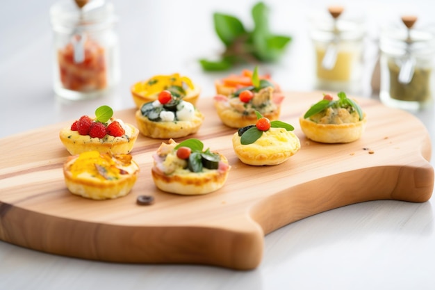 Variety of mini quiches on a wooden board
