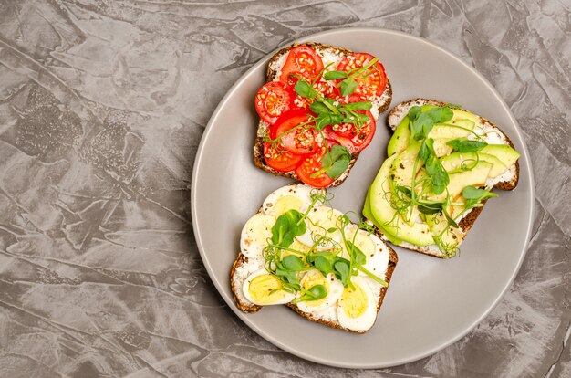 Variety of mini sandwiches with cheese and vegetables on a gray plate, surf dark surface