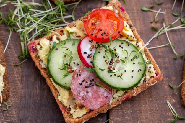 Variety of mini sandwiches with cream cheese, vegetables and salami. Sandwiches with cucumber, radish, tomatoes, salami on a gray background, top view. Flat lay.