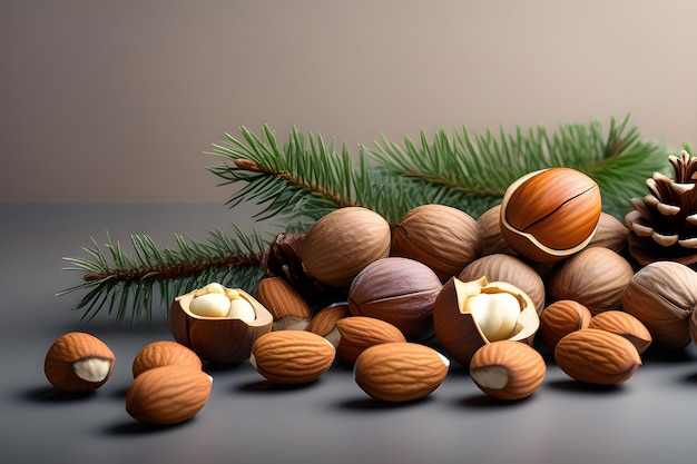 Variety of mixed shelled and shelled nuts on a light background with a green hazel twig AI platform