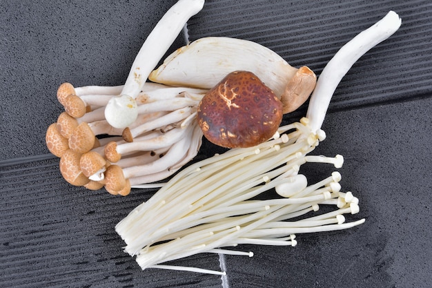 Variety of Mushrooms in a basket, closeup and overhead