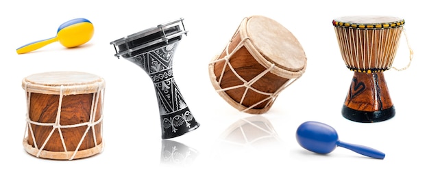 Photo variety of musical drums and colorful maracas