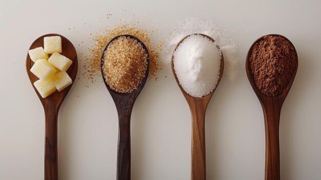 Photo variety of natural sugars displayed in wooden spoons for healthy sweetening alternatives