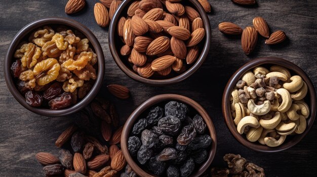 A variety of nuts are displayed on a table.