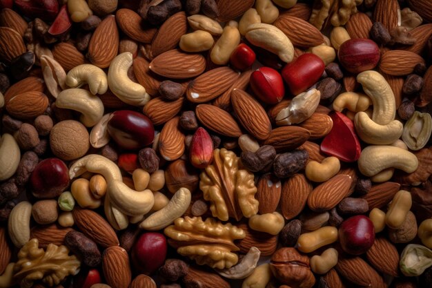 A variety of nuts are shown on a dark background.