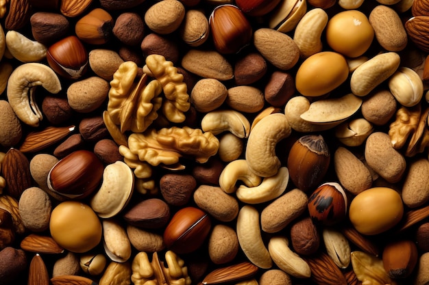 A variety of nuts are shown in this picture