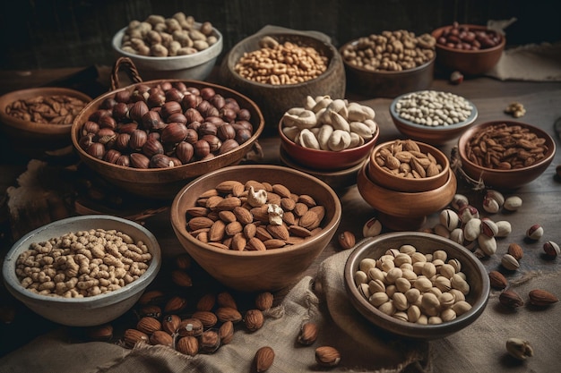 A variety of nuts are on a table.