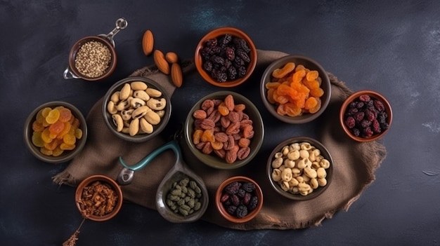 A variety of nuts are on a table