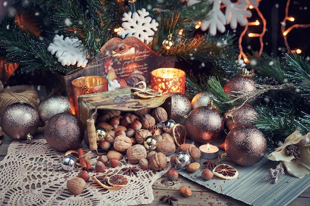 Variety of nuts in Christmas and New Year decoration