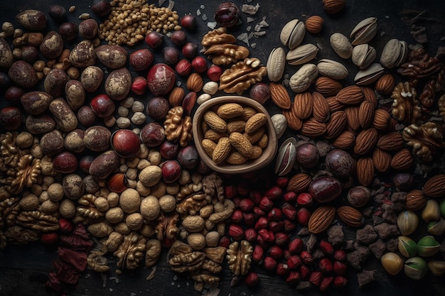 A variety of nuts and seeds are on a table.