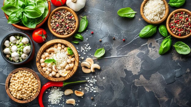 A variety of nuts and spices are displayed in wooden bowls on a counter