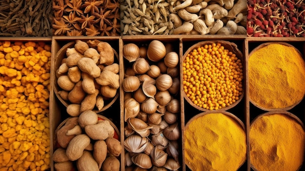 A variety of nuts and spices are displayed in a wooden tray