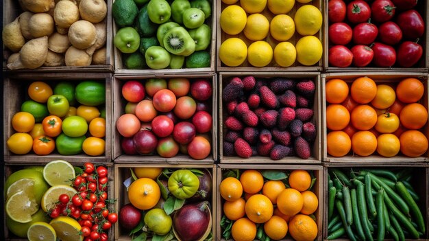 Фото Разнообразие свежих фруктов и овощей в деревянных ящиках