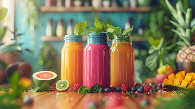 Фото Разнообразие фруктовых соков со свежими ингредиентами на столе