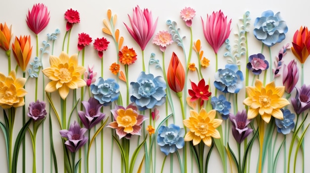 白い背景に色々な色の紙の花が並べられている