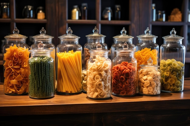 Variety of pasta types displayed in glass jars