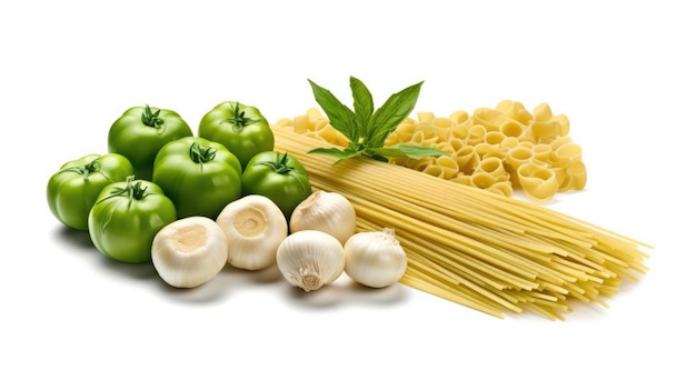 на белом фоне изображены различные виды макаронных изделий и овощей.