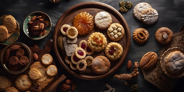 A variety of pastries are on a table with a plate and a bowl of nuts