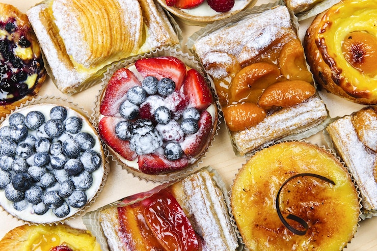 Photo a variety of pastries including blueberries blueberries and croissants