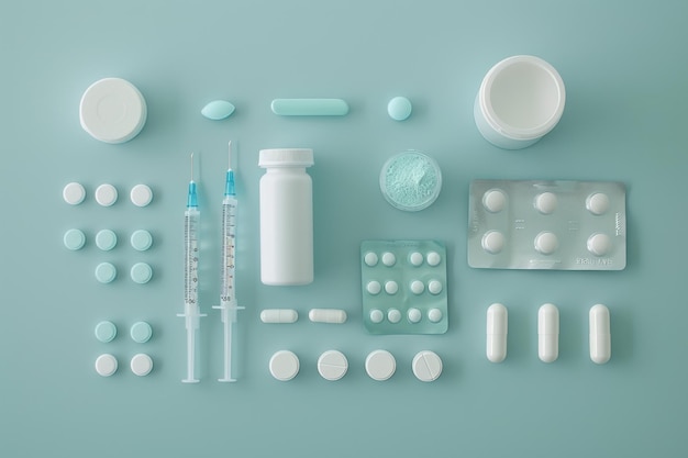 variety of pills capsules and a medical syringe neatly organized against a teal background symbolizi