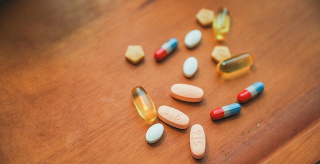 A variety of pills on a table