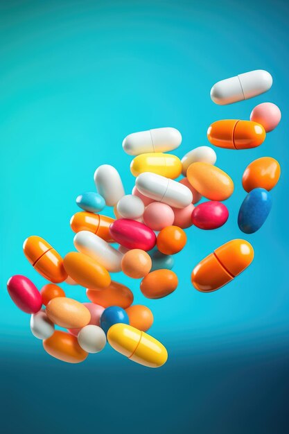 A variety of pills and vitamins levitate against a bright background medicine medicines