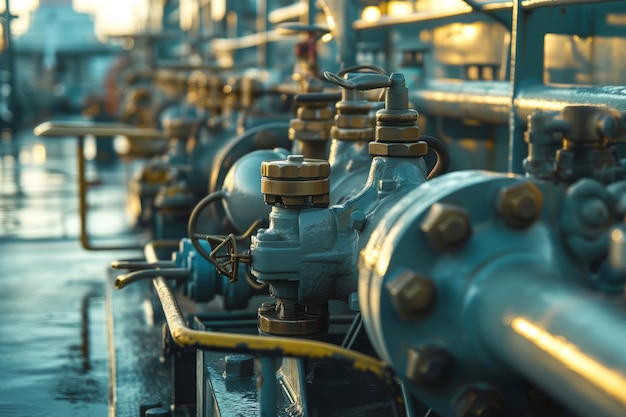 A variety of pipes valves and machinery are lined up in an industrial factory