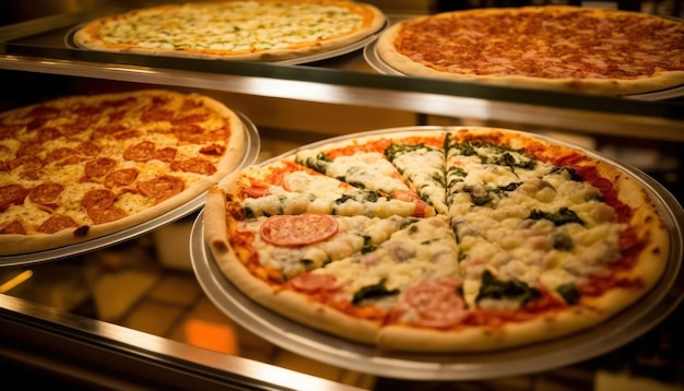 A variety of pizzas are on display at the pizza place.