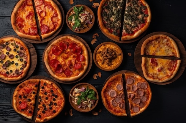 A variety of pizzas on a black table