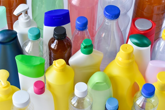 variety of plastic bottles in a row
