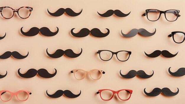 A variety of plastic framed glasses and paper mustaches are arranged on a beige background