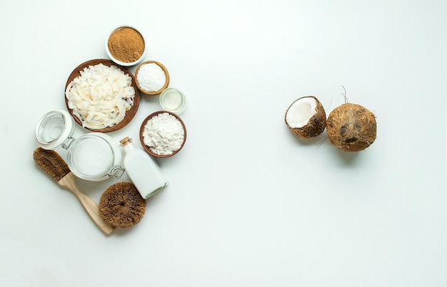 Variety of products made from coconut with copy space