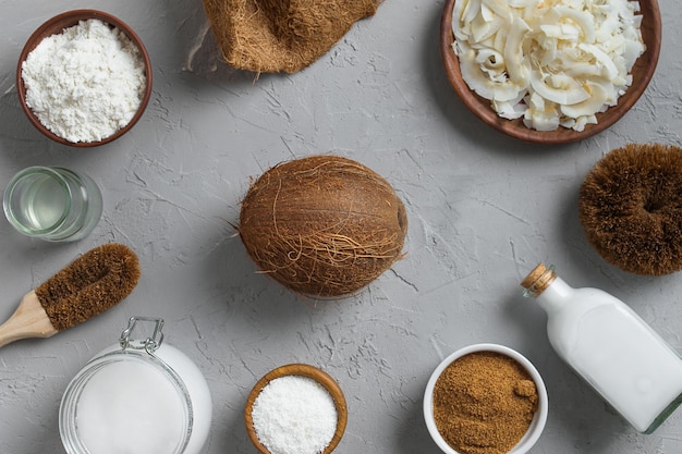 Variety of products made from coconut with copy space