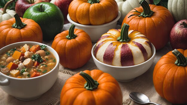 A variety of pumpkins are displayed on a table.