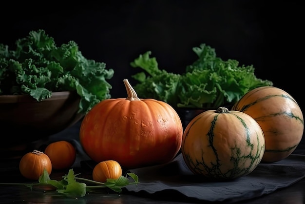 A variety of pumpkins on a black background