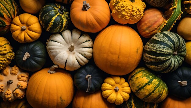 A variety of pumpkins and gourds of various sizes