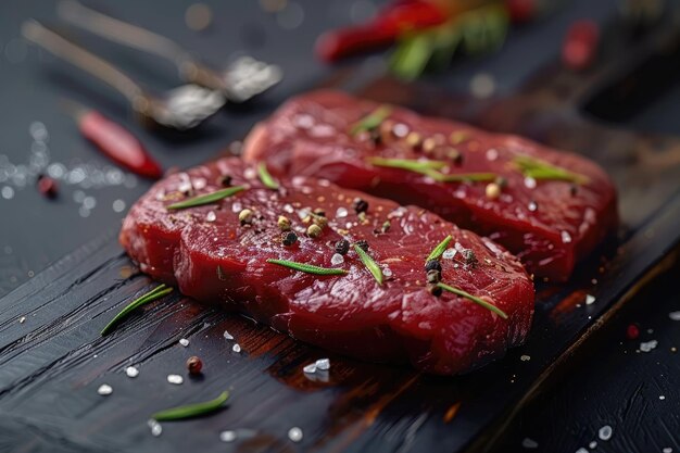 Variety of raw beef steaks with seasoning and utensils