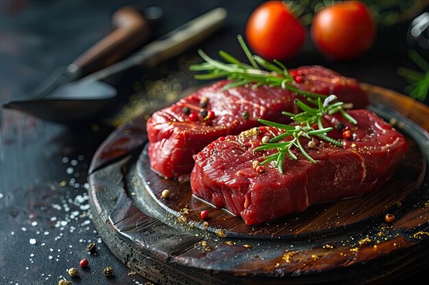 Variety of raw beef steaks with seasoning and utensils