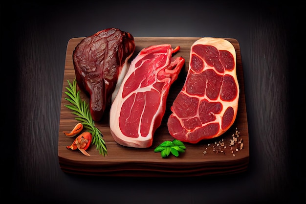 Variety of Raw Black Angus Prime meat fresh food