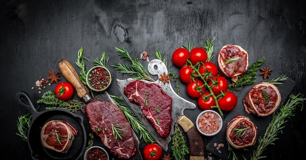 Variety of raw black angus prime meat steaks beef rump steak Tenderloin fillet mignon for grilling on old meat cleaver on dark background Long banner format top view