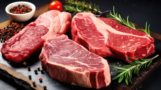 Photo a variety of raw black angus prime steaks epitomizing premium meat selection