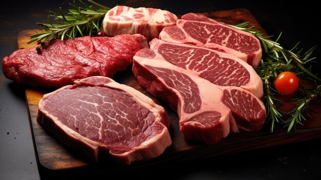 Foto una varietà di bistecche crude black angus prime che incarna una selezione di carne di prima qualità