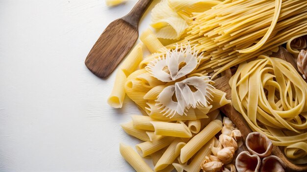 Variety of raw italian pasta and wooden spatula on white backdrop