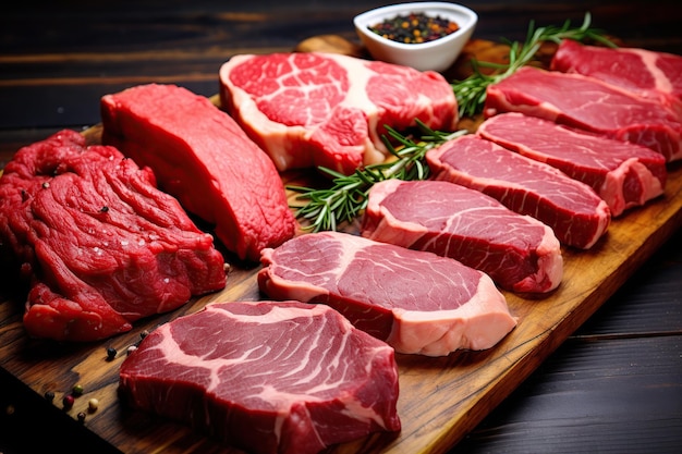 Variety raw meat steaks with rosemary and spices on wooden background