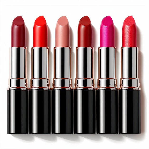 Variety of red lipstick shades with isolated white background