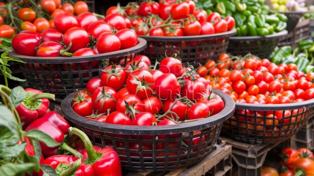 Foto una varietà di pomodori rossi sono esposti in cesti