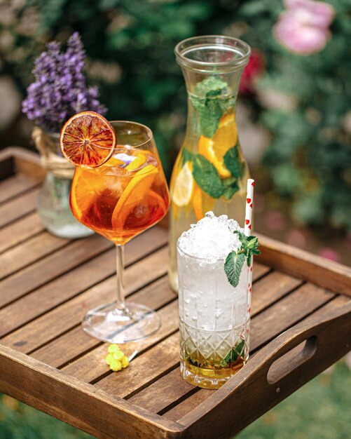 Variety of refreshing drinks in the garden