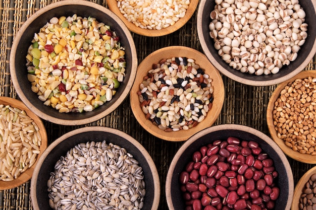 Variety of rice and grains in bowls