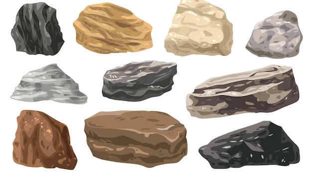 A variety of rocks and stones in different colors and textures Grunge rock stone Collection of different stones Vector illustration